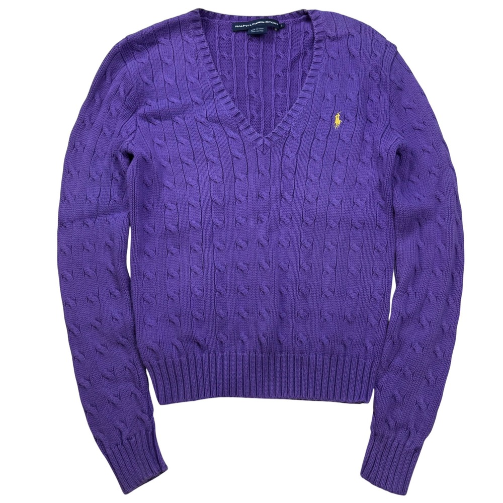 Ralph Lauren Sport Purple Cable Knit V-Neck Cotton Sweater Yellow Logo L Preppy